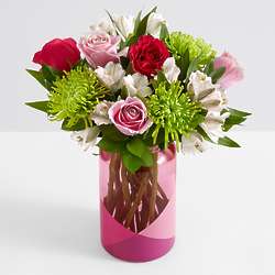 All the Frills Pink Rose Bouquet with Pink Geo Vase