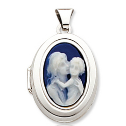 14k White Gold Mother and Child Cameo Oval Locket