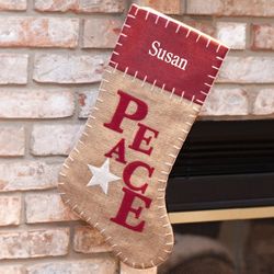 Embroidered Peace Burlap Stocking