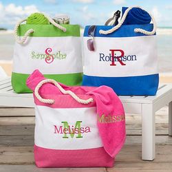 Name & Initial Embroidered Beach Tote Bag