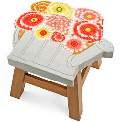 Flowers and Watering Can Hand-Carved Acacia Wood Footstool