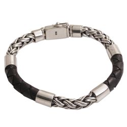 Men's One Strength Leather and Sterling Silver Bracelet