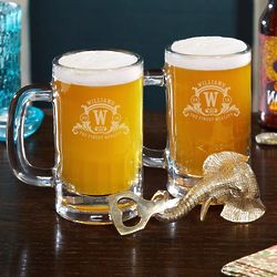 Westbrook Monogrammed Beer Mugs and Bottle Opener Set