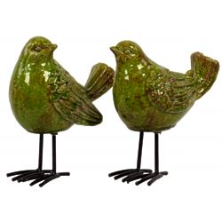 Ceramic Bird With Black Metal Legs Figurine in Gloss Yellow-Green