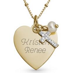 Gold Heart, Cross and Pearl Necklace
