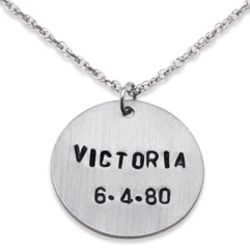 Silver Hand Stamped Personalized Name and Date Disc Pendant