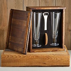 Pilsner Beer Glass Serving Set in Acacia Wood Case