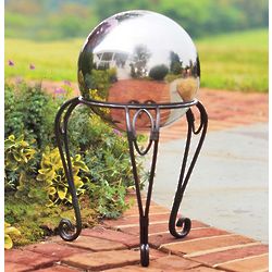10" Stainless Steel Garden Gazing Ball with Iron Scroll Stand