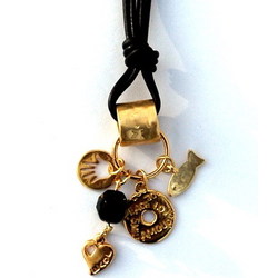 Black Leather Keychain and Gold Plated Lucky Charms