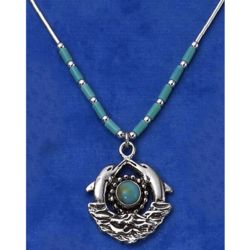 Liquid Silver Necklace with Round Turquoise and Dolphins