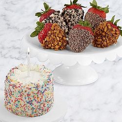 Petite Birthday Cake and Half-Dozen Premium Strawberries