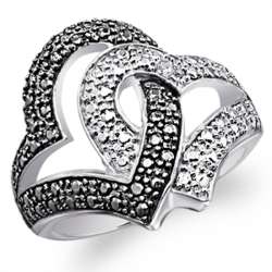 Platinum Plated Black and White Linked Hearts Ring