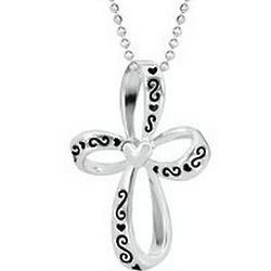 Sterling Silver Heart and Scroll Pattern Cross Necklace