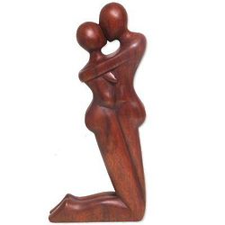 Kneeling Embrace Wood Statuette