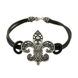 Black Leather Bali Style Fleur de Lis Bracelet