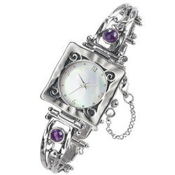 Sterling Square Face Watch with Amethyst Stones & Pearlized Face