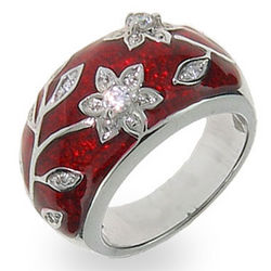 Ruby Red Enamel Ring with Vintage CZ Flower Design
