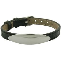 Black Leather Engravable Oval ID Bracelet