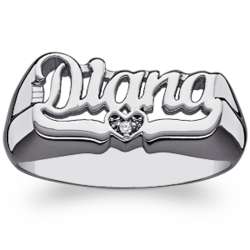 Sterling Silver Name Ring with Swirly Tail and Diamond Heart