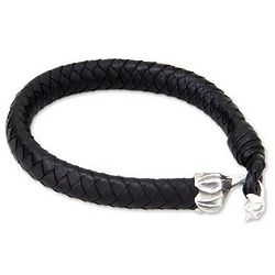 Men's Sterling Silver and Leather Black Baline Braided Bracelet