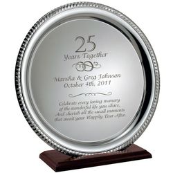 Silver 25th Anniversary Personalized Plate on Wood Base