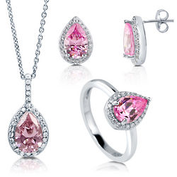 Sterling Silver Pink Pear Cut Cubic Zirconia Jewelry Set