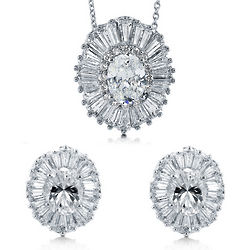 Silver Oval Cut Cubic Zirconia Art Deco Earrings and Necklace
