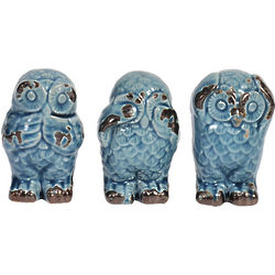 3 Rustic Blue Ceramic Owl Figurines
