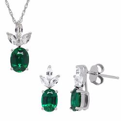 Lab-Created Emerald and White Sapphire Pendant and Earrings Set