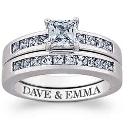 Sterling Silver Square Cubic Zirconia Engraved Wedding Ring Set