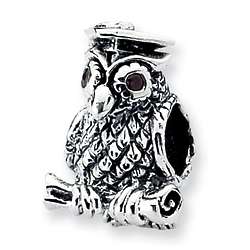 Wise Owl Graduation Cap Bead in Sterling Silver with CZ Eyes