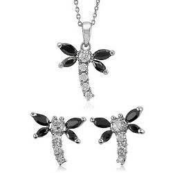 Black and White CZ and Silver Dragonfly Pendant and Earrings