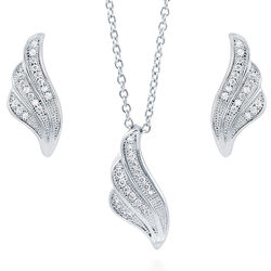 Sterling Silver Cubic Zirconia Feather Earrings and Pendant