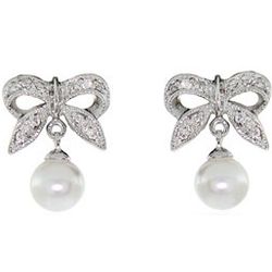 Sterling Silver Bow Earrings with Pearl Drop
