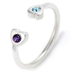 Couple's 2 Heart Birthstone Silver Cuff Ring