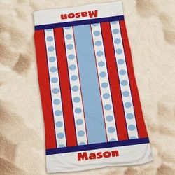 Personalized Blue Polka Dots and Stripes Beach Towel