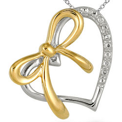 Sterling Silver Diamond Heart Pendant with Gold Bow