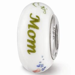 White-Hand Painted Mom Floral Glass Bead