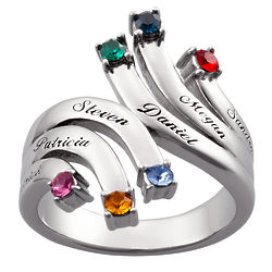 Mom's Personalized Cascading Name and Birthstone Silver Ring