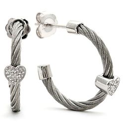 Stainless Diamond Heart Cable Hoop Earrings