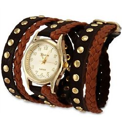 Two Tone Brown Braided Leather Gold Stud Wrap Watch