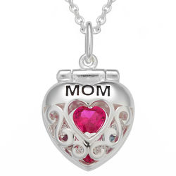 Mom's Silver-Hinged Filigree Heart Pendant with Birthstones