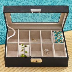 Women's Personalized Jewelry Box in Black Leather with Glass Lid