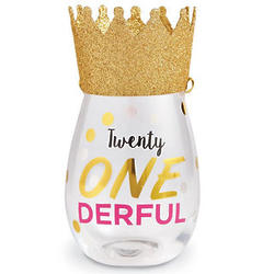 21st Birthday Stemless Wine Glass with Mini Crown Party Hat
