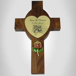 Walnut Wall Cross with Personalized Plaque & Mini Preserved Rose