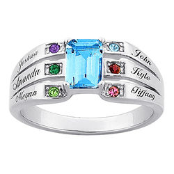 Mother's Personalized Emerald-Cut Birthstone & Family Name Ring