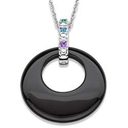 Sterling Silver Family Onyx Disc and Birthstone Necklace