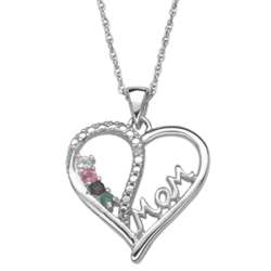 Sterling Silver Mom Gemstone Heart Necklace with Diamonds