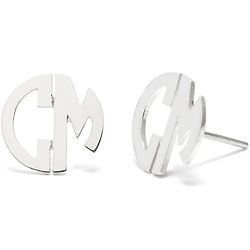 Two Initials Block Monogram Silver Earrings