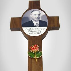 Walnut Memorial Photo Wall Cross with Mini Gold Trimmed Rose